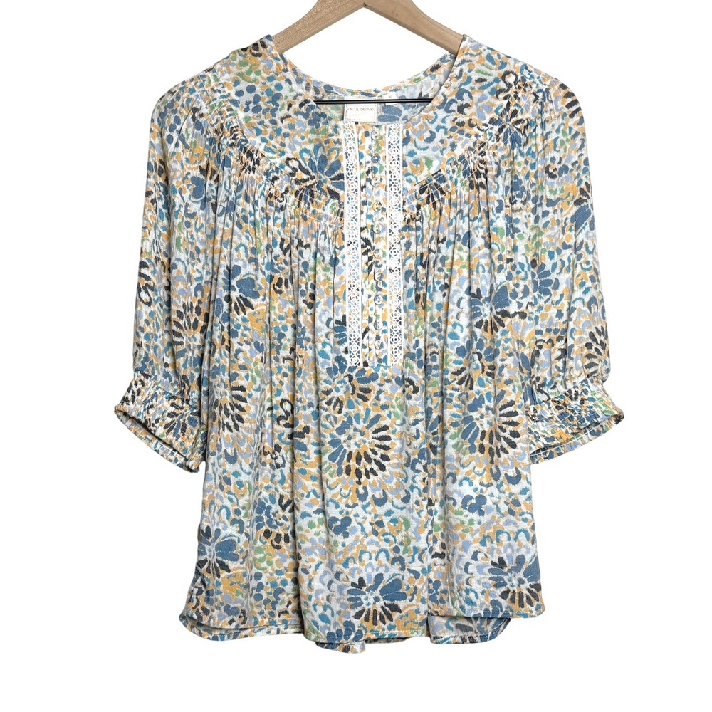 Zac & Rachel Womens Blouse M Orange Blue Print Peasantcore‎ Boho Office